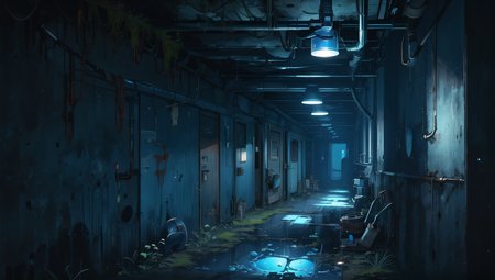 (masterpiece, top quality, best quality),dynamic angle,,BREAK ,wide shot,scenery , <lora:cozy animation scenes_20230824111332:0.3>,((hallway)),(pipes),(pipeline),((dark blue theme)),<lora:Gloomifier_V2_TheGlow:0.8>,bioluminescence,overgrown,(abandoned),moss,
,wall,((rust)),ceiling light,ceiling, <lora:dungeon_v2.0:0>,,vanishing point  <lora:epiNoiseoffset_v2:0.8>,((metal)),(wooden floor),barrel,burlap bag,((((lifebuoy)))),iron sheet,broken glass,starfish,emergency exit