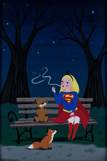 maryblair2 illlustration.
A woman dressed as Supergirl, sitting on a park bench at night. She is smoking. There is a fox sitting beside her.
 <lora:maryblair3_cap_d6a3e9:1.0><lora:855888175564871058:0>