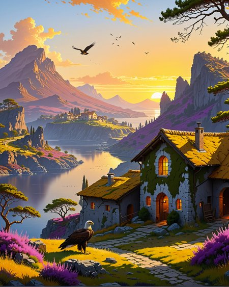 Creator Landscape, 
(style ofClaude Lorrain (golden hour)), 
golden eagle thermalling, Volcanic foothills covered in heather, swallow nests under eaves, water-driven forge building, 
<lora:extremely_detailed:0.8> extremely detailed,
<lora:add-detail-xl:0.3>,
<lora:dreamshaperXL10_lora:0.3>
detailxl,
advntr,