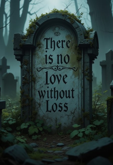 This hyper realistic anime oil painting image shows the front of a tombstone in a graveyard. The focus of the image is on the tombstone and what it has carved into it. The chiseled engravings on the tombstone, weathered by time, read in classic gothic font: "There is no love without loss", decorated with appropriate somber flouish. The texture of the stone is rough and uneven with some areas showing signs of erosion or damage. 
,limited palette, low key, moody lighting, high-quality, masterpiece, style is modern, atmospheric, high detail, (hyperdetailed:1.1), (intricate details:1.0), (Refined details:1.1), (best quality:1.1), (high resolution:1.2), by David Hamilton and April Gornik and Caspar David Friedrich and John William Godward and Anna Dittman, cinematic, featured on Artstation, extremely detailed, octane render, 4k, 8k, HD, concept art, drkfnts style, stylized animated film scene, aidmaHyperrealism,