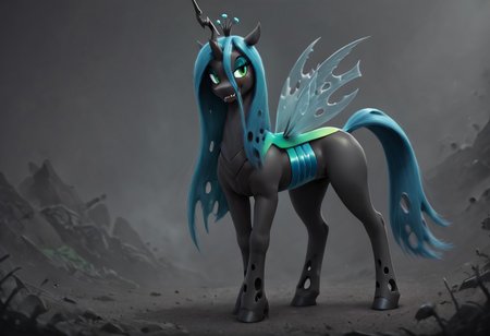 score_9, score_8_up, score_7_up, Artist:Dragk, BREAK,1girl, solo, cowboy shot,feral, pony, mare, Queen Chrysalis, standing, bug thighs, eye lashes, stable, dark, (seductive smile),(((side_view,full_body)))