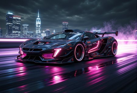 An aggressively modified and heavily tuned cyberpunk-inspired car roars down a desolate street at night, its body low to the ground and widened with an aerodynamic body kit. The matte-black chassis is accented by vibrant neon underglow lighting in electric purples and blues, casting an ethereal glow onto the asphalt. The wheels feature glowing rims that pulse with energy, creating a mesmerizing contrast against the dark road. Sharp, angular lines and futuristic decals adorn the car's surface, emphasizing its hyper-aggressive design. In the background, a sprawling cyberpunk city skyline looms, its skyscrapers illuminated by neon lights and holographic billboards, blending into the hazy night sky. The overall atmosphere is sleek, high-energy, and futuristic, evoking a sense of speed, power, and rebellion. <lora:flux.1_lora_flyway_Epic-detail_v2.safetensors:0.3>,  <lora:ck-skynet-000019.safetensors:0.3>,  <lora:Giger_2_0.safetensors:0.3>,  <lora:Dont_Stop_Me_Now.safetensors:0.5>,