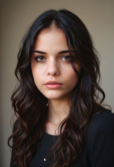 realistic, 23yo girl, long wavy black hair, brown eyes, UHD, photorealistic, best quality, masterpiece, 16K, cinematic