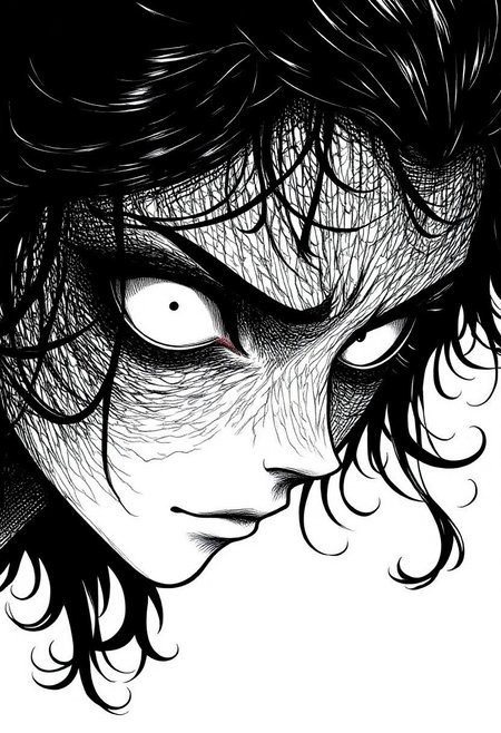 nistyle, Extreme macro close-up ink drawing of piercing, glowing eyes with a confident, menacing expression. Intricate black and white linework captures every detail of the eye structure, including delicate eyelashes, fine creases, and subtle wrinkles. Wild, dark hair frames the eyes in swirling patterns with meticulous line detail. The eyes crinkle slightly at the corners to suggest a knowing, dominant smile. High contrast monochromatic illustration with deep blacks and precise hatching techniques.