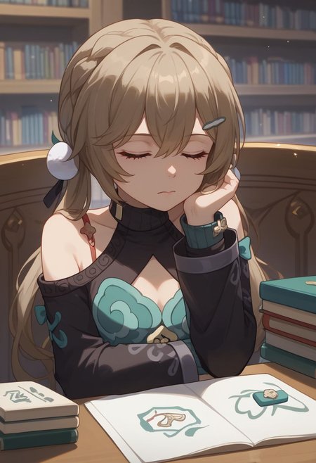 score_9, score_8_up, score_7_up, source_anime, 1girl, qingquedef, closed eyes, brown hair, long hair, twintails, braid, hair ornament, hairclip, small breasts, bare shoulders, shoulder cutout, clothing cutout, cleavage cutout, turtleneck, dress, long sleeves, skirt, tassel, mahjong tile, sitting, on chair, table, head rest, closed mouth, sleeping, spoken zzz, looking at viewer, indoors, library, portrait, close-up, upper body, facing viewer, <lora:Qingque_v1-000010:1>