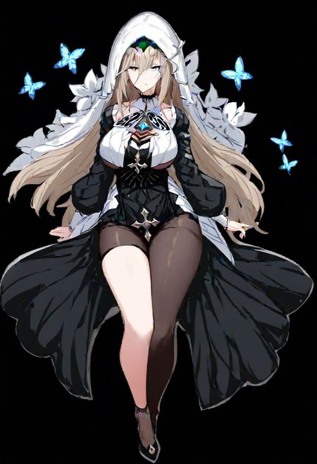 aponia \(honkai impact\), 
(aponia, nun, def clothe), 1girl, breasts, bangs,blue eyes,long hair, hair between eyes, blue butterfly, longsleeves,veil, 
masterpiece, best quality, very aesthetic, absurdres, 1milf, 1adult, solo, full_body, tachi-e,