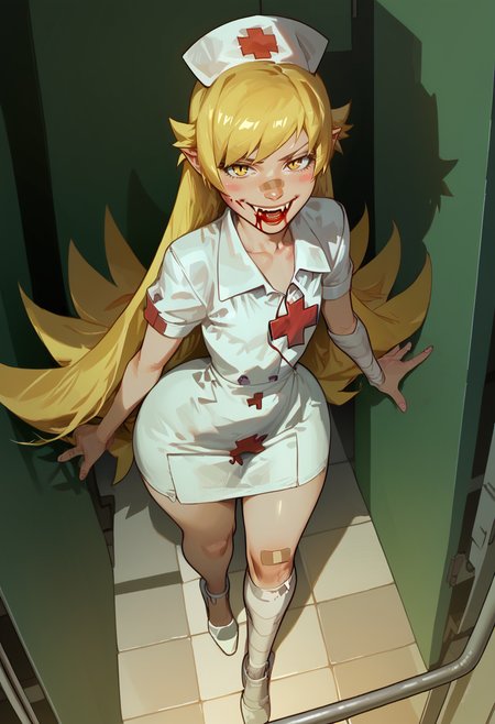 score_9, score_8_up, score_7_up, score_6_up, aesthetic , (1girl), (solo), Oshino_Shinobu, yellow_eyes, blonde_hair, long_hair, flat_chest, pointy_ears, blush_stickers, huge ass, thick thighs , wide hips , (big lips:0.7), nurse outfit, nurse cap, hospital, night, bandaged arm, bandaged leg, bandaid on cheek, blood on a floor, looking at viewer , short sleeves, very long hair, standing, dynamic angle, blushing, bloody mouth, blood on face, blood on clothes,  smiling, fangs, vampire fangs,
<lora:Expressive_H:1>, <lora:incase-ilff-v3-4:0.3>, <lora:saigalisk_pd:0.8> <lora:add-detail-xl:0.3>  <lora:Shinobu_Pony:1> <lora:Blood_-_Bloody_Hands__Mouth__Breasts:0.5>