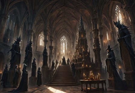 1other, indoors, balcony, window, stained glass, tower, stairs, multiple others, ambiguous gender, fantasy, architecture, altar, standing, weapon, multiple boys, arches, flying buttresses, (low-angle high-angle shot of a grand hall capturing the castle's grandeur:1.2). 

The castle is decorated with antique furniture and statues. Two hooded acolytes, dressed in dark clothing, are performing a dark ritual at an altar. A disturbing and ominous scene inside a gothic castle., The illustration captures a sense of mystery and intrigue., 

anime artwork, anime style, studio anime, realistic, hyperrealism, 

highly detailed, masterpiece, best quality, very aesthetic, absurdres, cinematic lighting, 

DonM3t3rn1tyXL, Bloodborne, artchlr, DonMG414XL, otclillsn, 
