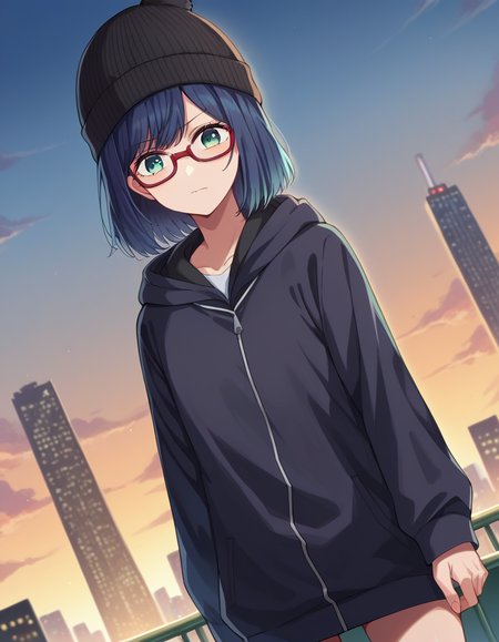 score_9, score_8_up, score_7_up, source_anime,
akanekurokawa, <lora:akane-kurokawa-ponyxl-lora-nochekaiser:1>,
akane kurokawa, bangs, green eyes, blue hair, medium hair, dark blue hair,
long sleeves, hat, jacket, glasses, hood, black jacket, black headwear, hoodie, hood down, red-framed eyewear, beanie,
outdoors, cityscape,
looking at viewer, cowboy shot, dutch angle,