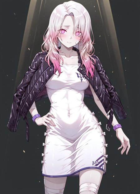 unholy-aesthetic, masterpiece, best quality, amazing quality, absurdres, 

uw_h3len, 1girl, solo, two-toned hair, gradient hair, white hair, pink hair, pink eyes, glowing eyes, pale skin, medium breasts, 

black jacket, leather jacket, draped over jacket, white dress, purple wristband, bandage, bandaged leg, 

shy, standing, hands on the hips, counterpose, cowboy shot, looking at viewer, standing, simple background, black background, spotlight, 
