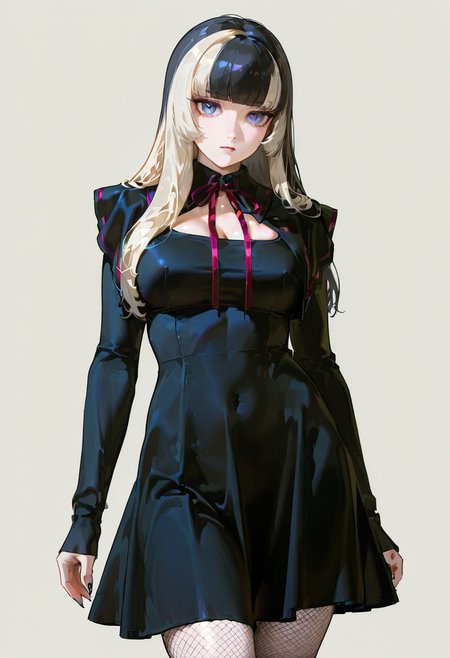 1girl,solo,looking at viewer, echo (circa), bm dress, black dress, fishnet pantyhose, capelet, juufuutei_raden
