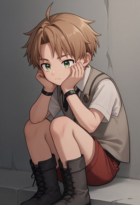 score_9, score_8_up, score_7_up, source_anime, highly detailed, cute boy, 1boy, solo, young, rudeus greyrat, light brown hair, green eyes, (short sleeve white button up shirt), (grey sleeveless vest), (black sleeveless jacket), bolo tie, red shorts, grey ankle length boots