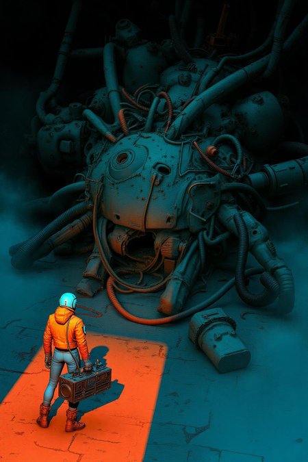 pascalblanche1 illustration. 
The buried head of a giant mechanical creature with tubes, wires, and robotic parts looms in the center. In the foreground, a figure in an orange jacket and blue helmet, carrying a boombox, stands on a red path leading toward the creature. An orange light casts a shadow on the path. The setting features dark blue and orange tones, with intricate machinery and an industrial atmosphere. <lora:pascalblanche1_cap_d8a4:1.0><lora:860241135656812400:0>