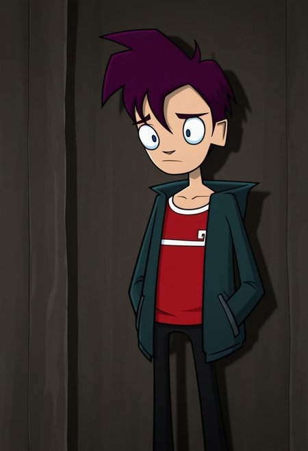 masterpiece,best quality,amazing quality, 
RandyCunningham, 1boy, male focus, solo, blue eyes, purple hair, shirt, red shirt, jacket, green jacket, open jacket,