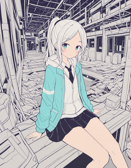 masterpiece,  best quality, newest, highres, absurdres, <lora:hebitsukai_style:1>,hebitsukai_illu, 1girl, solo, skirt, long hair, ponytail, flat color, sitting, monochrome, necktie, pleated skirt, jacket, hood, looking at viewer