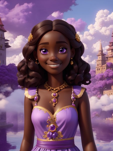 3D Style, (masterpiece), girl, dark skin, purple eyes, smile, posing for a picture, cloud  <lora:3d_render_style_xl:0.8>