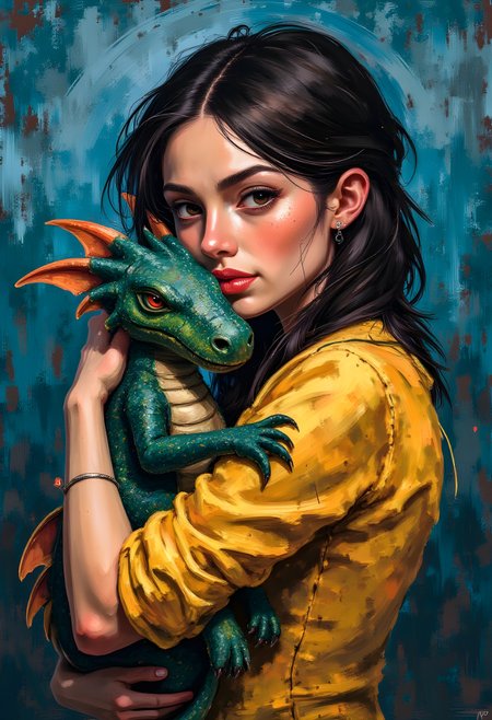 cinna flow, A captivating illustration of a woman cradling an adorable dragon, inspired by the artistic style of Vincent Van Gogh. Rendered as a vibrant digital painting with expressive brushstrokes and swirling textures, embodying the essence of post-impressionism. Designed as a caricature with exaggerated yet elegant features, dynamic composition, and striking visual impact. Hyper-detailed with masterful lighting and depth, ensuring a high-quality, visually stunning artwork. A digital masterpiece with rich, harmonious colors that bring the subject to life.