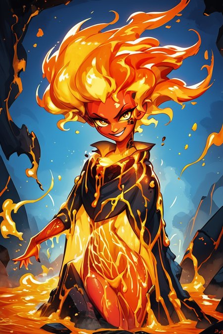 score_9, score_8_up, score_8,   BREAK, , zzLavaGirl, black scales, colored skin, monster girl, orange skin, fire, fiery hair, red skin, molten rock, red hair,  <lora:Lava_Girl_PDXL:1.0>,  , BREAK, embedding:zPDXL, Expressiveh, ,,, <lora:EnergyCAT:1.0>, solo, smile, looking at viewer, aura, blue sky, ,,, <lora:SDXLFaeTastic2400:0.5>, <lora:Expressive_H-000001:0.4>,