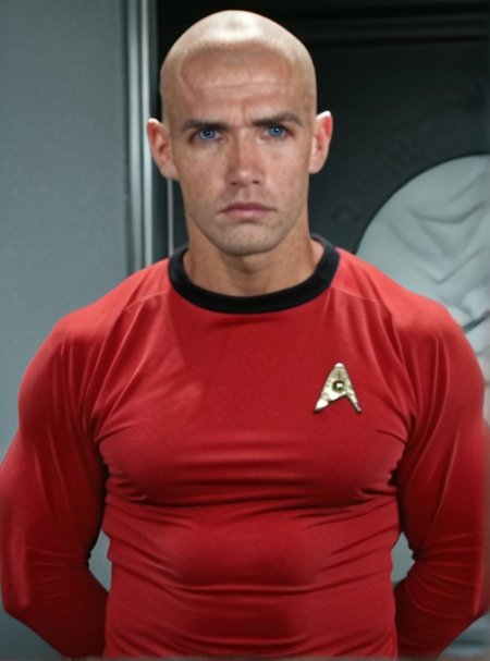 1boy, 20 year old male, Handsome, masculine, blonde, star trek, red shirt, muscle,  tall, tight shirt, wide pectorals, big shoulders, wide shoulders, muscular neck, German, bald,

stunf, star trek uniform,