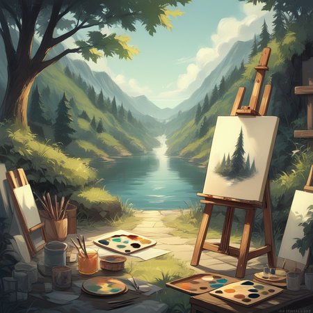 score_9, score_8_up, score_7_up, score_6_up, score_5_up, score_4_up, zPDXL2,source_anime,rating_questionable, <lora:Artist_Studio:0.8> 4rt1st, canvas (object), palette (object), outdoors, scenery,