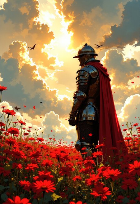A lone knight clad in intricately designed dark steel armor, standing in a vast field of crimson wildflowers. His helmet reflects the golden sunlight piercing through dramatic, billowing clouds. A gentle breeze lifts scattered petals into the air, while distant birds soar across the sky. The scene captures a moment of quiet contemplation, blending fantasy realism with a painterly aesthetic. The composition is cinematic, with fine details in the armor, dynamic lighting, and an ethereal atmosphere