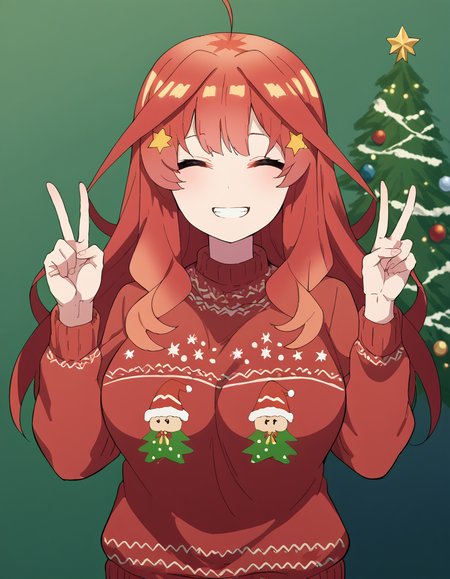 score_9, score_8_up, score_7_up, source_anime, <lora:itsuki-nakano-s2-ponyxl-lora-nochekaiser:1>, itsuki nakano, bangs, long hair, ahoge, red hair, star (symbol), hair ornament, star hair ornament, large breasts, <lora:christmas-sweater-ponyxl-lora-nochekaiser:1>, christmas sweater, christmas, ugly sweater, print sweater, red sweater, christmas tree, christmas ornaments, sweater, multicolored sweater, , v, smile, hands up, teeth, closed eyes, cowboy shot,