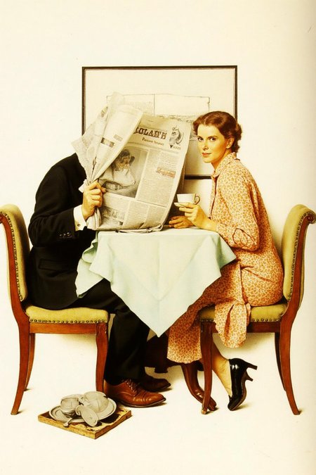 normanrockwell1 painting. 
A man and a woman are seated at a small dining table . The man, dressed in a dark suit and white shirt, sits on the left holding an open newspaper, with his head partially obscured by it. His legs are crossed, and he is wearing brown shoes.
On the right sits a woman holding a coffee cup.  She is turning her head looking
at the viwer.
 <lora:normanrockwell1_cap_d6a3e12:1.0><lora:841442689808426333:0>