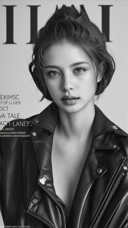 1girl, black gloves, brick floor, depth of field, gloves, jacket, leather, leather jacket, lips, monochrome, realistic, solo