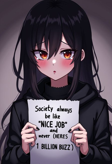 score_9, score_8_up, score_7_up, score_6_up,1girl, solo, holding paper saying "society always be like 'NICE JOB' and never 'HERES 1 BILLION BUZZ'", edgy expression, holding back tears, gothic, anime style, cute woman trying to look serious, silly atmosphere but trying to look edgy and failing, volumetric lighting, pout