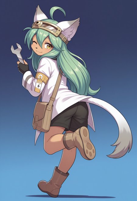 masterpiece, best quality, amazing quality, suzettesr, colorful, 1girl, solo, full body, petite, from behind, looking back, furry female, cat girl, animal ears, tail, animal nose, green hair, shiny hair, body fur, long hair, ahoge, one eye open, ^ ^, yellow eyes, smile, goggles on head, white jacket, open clothes, armband, tag, shorts, boots, one leg up, standing on one leg, paw print soles, fingerless gloves, holding wrench, shoulder bag, blue background, gradient background