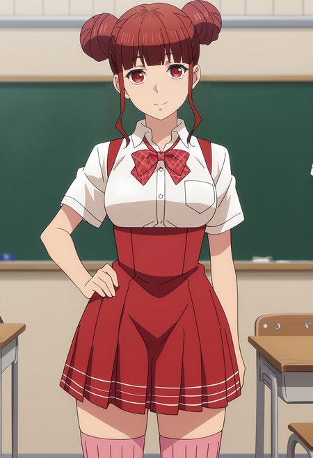 score_7_up, anime screencap,
<lora:ShuumatsuNoHarem_HiiragiShunkaXL:0.9>,
1girl, solo, light smile,
red hair, double bun, blunt bangs, sidelocks, red eyes,
HiiragiShunka, collared shirt, white shirt, plaid bowtie, short sleeves, suspender skirt, high-waist skirt, red skirt, pink thighhighs, ribbed legwear,
hand on own hip, standing, looking at viewer, cowboy shot,
classroom, blackboard, chair, indoors, blurry background