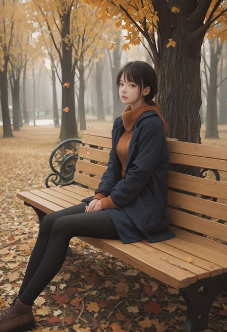,ruanyi1438,autumn leaves,
bench,sitting,<lora:1438 autumn leaves_v1_pony:1>, score_9,score_8_up,score_7_up,,8k,solo,,