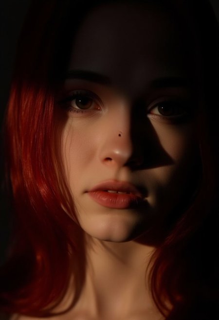 A close-up of a girl with red hair. Her lips are parted, and the sunlight creates contrast with the dark theme, adding depth to her realistic features.
