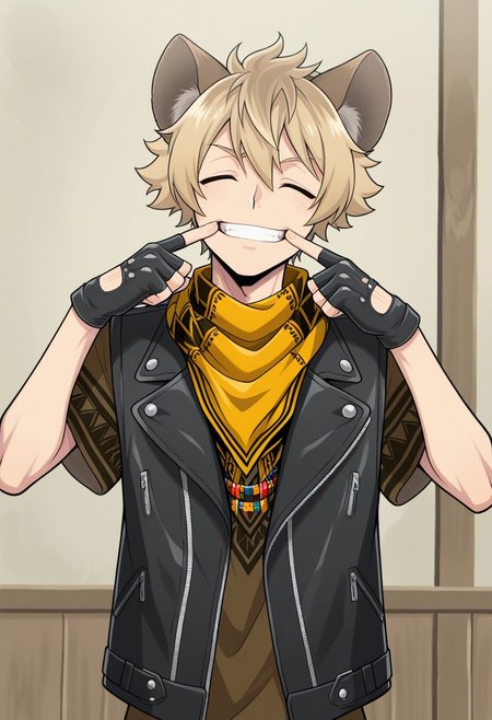 masterpiece,best quality,amazing quality, source_anime,
RuggieBucchi, 1boy, animal ears, male focus, closed eyes, smile, solo, facing viewer, blonde hair, dorm uniform, neckerchief, shirt, brown shirt, short sleeves, jewelry, necklace, jacket, cropped jacket, sleeveless jacket, open jacket, gloves, black gloves, fingerless gloves, fingersmile, upper body,