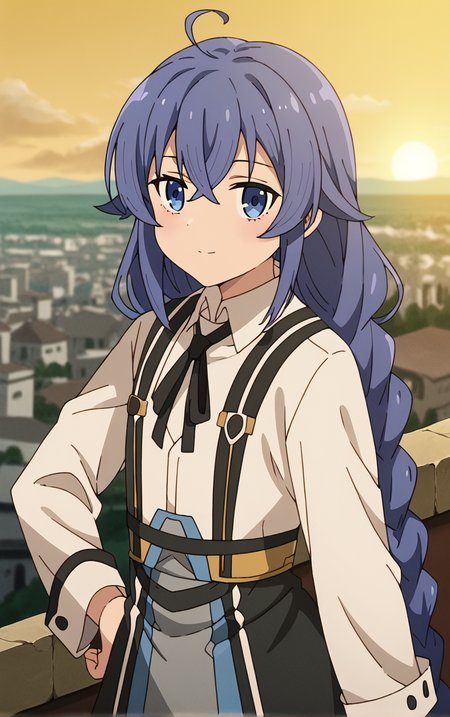 score_9, score_8_up, score_7_up, BREAK
Shirt_RoxyMigurdia_ownwaifu, 
1girl, blue eyes, blue hair, roxy migurdia, hair between eyes, braid, long hair, twin braids, crossed bangs, bangs, long sleeves, white shirt, collared shirt, dress, white capelet, white dress, capelet, shirt, black ribbon, black skirt, suspenders, long braid, neck ribbon, sidelocks,
(contrapposto, hand on hip), sunset, sidelighting, cityscape, vanishing point, outdoors, <lora:PONYXL_MushokuTensei_RoxyMigurdia_ownwaifu:1> , depth of field, solo,