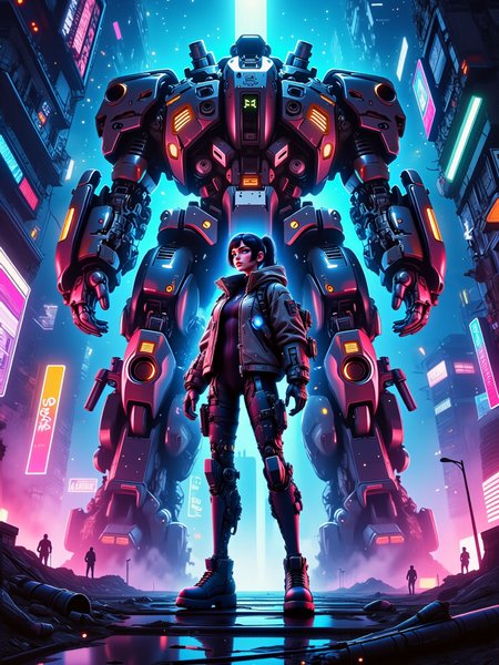 highly detailed sci-fi cyberpunk digital artwork in the style of cknc, scifi, a teenage girl with cybernetic enhancements stands confidently in front of her towering mecha robot in a futuristic dystopian cyberpunk city, in the foreground, the girlâs stance is firm and proud, framed by the glowing neon lights reflecting off her cybernetic enhancements and the mechanical armor of the colossal robot behind her, the cityscape is layered with holographic ads, gritty streets, and towering structures that fade into a misty, polluted skyline, distant, dimly glowing neon signs and billboards add depth, giving a sense of immense scale and urban density, the teenage girl, outfitted with intricate cybernetic limbs and facial enhancements, stands tall with a look of determination, her posture slightly angled to showcase both her profile and her powerful ally behind her, her attire is a mix of rugged and sleek, blending tactical urban gear with futuristic armor, her expression is fierce and focused, ready to face the dystopian world, medium shot from a low angle, emphasizing her stature and resilience while also capturing the massive scale of the robot and the sprawling city, the lighting is a blend of neon blues, purples, and pinks from holographic projections and distant signs, casting vibrant, reflected highlights on the mechaâs metallic armor and the girlâs enhancements, faint fog and dust filter through the light, adding to the dystopian atmosphere, subtle sparks and flickers from the mechaâs exposed circuits hint at its recent use, high-resolution digital format, emphasizing fine detail in textures, metallic reflections, and the layering of light, intricate shading with contrast between warm streetlight hues and cool neon, evoking the dynamic, intense atmosphere of a cyberpunk cityscape, cyberkinetic enhancements, aidmamj6.1, <lora:style-neurocore_anime_cyberpunk-flux-by_chronoknight:0.72> <lora:midjourney_61-v0.3-flux-by_aidma:0.52> <lora:image_enhancer-flux-by_dever:0.92>