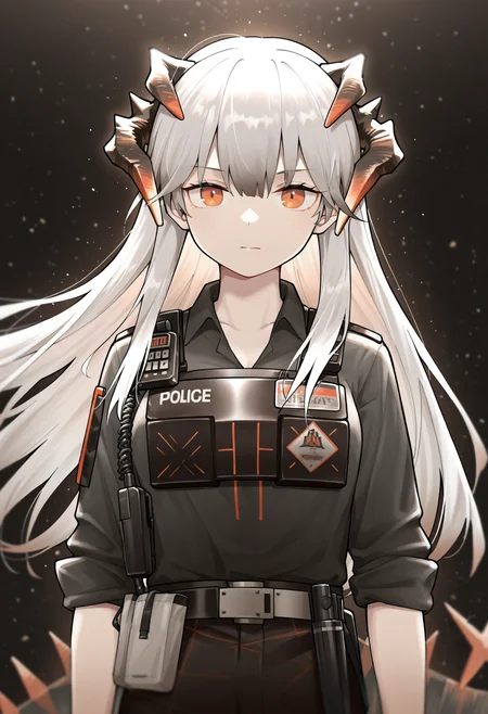 masterpiece,best quality,amazing quality,
1girl, official alternate costume, long hair, solo, horns, saria (arknights), upper body, walkie-talkie, looking at viewer, dragon horns, shirt, black shirt, black background, red eyes, closed mouth, bangs, police, grey hair, white hair, sleeves rolled up, police uniform, floating hair, orange eyes, light particles, collared shirt, backlighting, uniform,
 <lora:Healthyman_epoch_10:1>