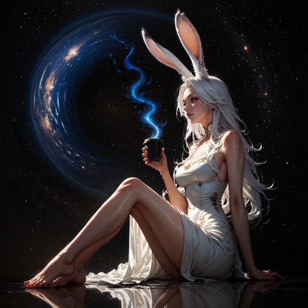 score_9, score_8_up, score_7_up, score_6_up, score_5_up, score_4_up,  rating_questionable, 20yo girl, 1girl, viera, solo, tall, white dress, red trim, a woman with white hair, Brom, beautifully backlit, fantasy art, dark skin, long hair, rabbit ears, white hair, space traveler, galactic, otherworldly, ethereal, atmospheric, galaxy, sweat, full body, romantic, sitting, drinking coffee, feet, toes, side view, view from below, head turned away