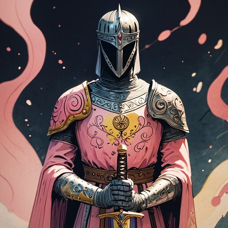 Score_9, score_8_up, score_7_up, score_6_up, BREAK  <lora:Pastel_ReveriePony:1> ArsMJStyle, Pastel Reverie, The image shows a painting of a man in a pink dress holding a sword with a mask covering his face., weapon, sword, armor, solo, holding, holding weapon, 1boy, holding sword, helmet, male focus