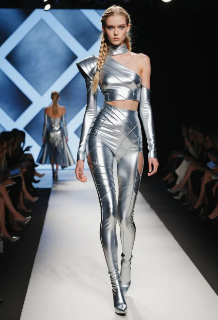 This is a photograph of a model strutting down a runway during a fashion show. The model is wearing an avant-garde, metallic silver ensemble that features a high-necked, long-sleeved bodice with exaggerated, angular shoulder pads. The bodice is fitted, leading into a voluminous skirt that flares out dramatically, creating a sense of movement and fluidity. The skirt is made up of layered, pleated fabric, giving it a textured, almost armor-like appearance. The model's legs are clad in matching metallic silver leggings that end in chunky, black platform shoes with straps, adding a striking contrast to the outfit.  The model’s face is painted with bold, geometric patterns in shades of blue and white, contributing to the overall futuristic aesthetic. Her long, braided hair is styled in intricate, thick braids that cascade over her shoulders. The runway background is a plain, neutral gray, ensuring all attention is focused on the model and her striking ensemble. The lighting is soft, highlighting the metallic sheen of the outfit and casting subtle shadows that accentuate the texture and depth of the fabric. The overall ambiance of the photograph is one of high fashion and modernity.    1girl, solo, long_hair, looking_at_viewer, blonde_hair, long_sleeves, dress, standing, full_body, braid, makeup, colored_skin, hands_on_own_hips, realistic, grey_dress