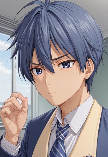 high resolution, solo, best quality, 1Boy, Tomoya Okazaki, Grey Blue Hair, school life, school uniform, OverallDetail