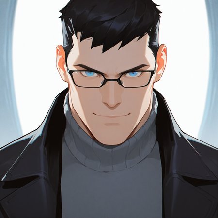 <lora:BATMAN_DCAMU:1> batman_dcamu, solo, short hair, blue eyes, black hair, 1boy, closed mouth, jacket, male focus, glasses, solo focus, blurry, black jacket, sweater, blurry background, turtleneck, portrait, grey shirt, reflection, turtleneck sweater, serious, grey sweater, looking at viewer, smile, multiple boys, 2boys, detailed background, motion blur, film grain, abstract, natural lighting, fantasy, cinematic, very awa, masterpiece, best quality, absurdres, newest, perfect quality, detailed background, intricate details, (artist:fl \(l-fl\):0.7), (artist:tooboshoo:0.7), (artist:dizdoodz:0.8)