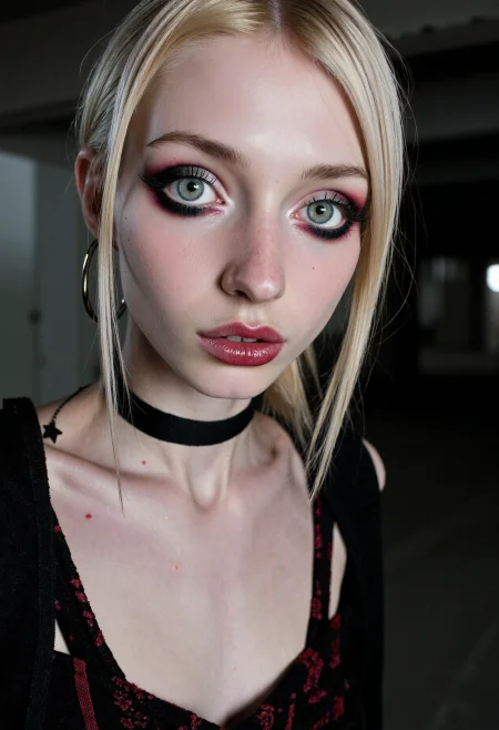 RAW three quarter view photograph depicting slim greek female, 26yo, with irresistible grey protruding eyes and narrow lips with a surprised look on her face. She has eccentric blonde fantasy-style hair and goth makeup featuring shades of red and eccentric mascara with lipstick, further accessorized by hoop earrings as well as a choker necklace. Set in an artful abandoned brutalist warehouse, on a misty dark stormy night in autumn. With hard broad and short lighting, film grain, 4k, grimdark beauty   <lora:flux_skinny_slider> <lora:flux_SkinDetails_v8> <lora:flux_UltraRealPhoto>