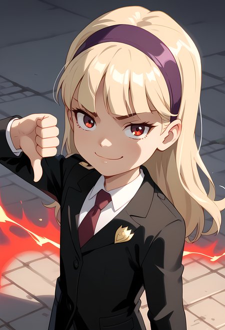score_7, score_7_up, score_9, score_9_up, BREAK, DC_young_Justice_child ,1girl, blond hair, red eyes, purple hairband, white shirt, black coat, red tie,insignia, insignia on coat, smug smile, from above, arched back, cowboy shot, solo,  <lora:thumbs-down-ponyxl-lora-nochekaiser:1>child, thumbs down,svil smile,, (portrai shot, upper body)