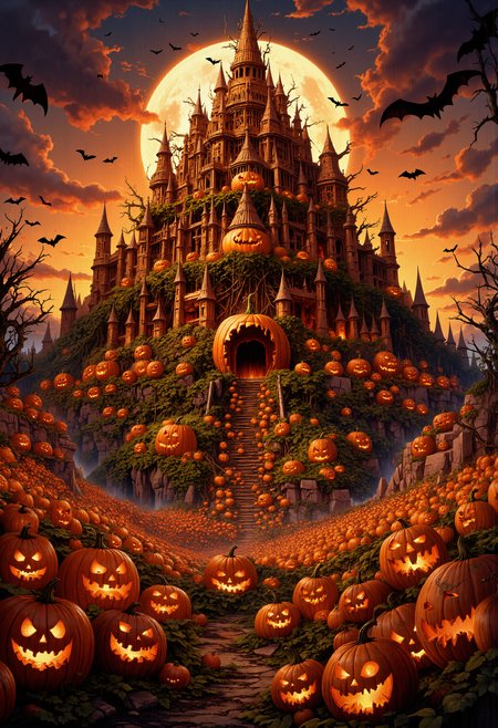 A massive, intricately carved pumpkin palace standing in the middle of a vast pumpkin patch. The palace is made entirely of glowing jack-o'-lanterns, each carved with unique, spooky faces. At the center of the palace is a giant throne carved out of a single enormous pumpkin, with tendrils curling around it. The sky is a deep, fiery orange, and bats are flying around the palace. The atmosphere is festive yet eerie, with flickering candlelight illuminating the jack-o'-lanterns, casting long shadows across the pumpkin field.   <lora:FluxMythP0rtr4itStyle:0.8> MythP0rt, <lora:aidmaMJ6.1-FLUX-V0.2:0.6> aidmaMJ6.1, <lora:sxz-Dark-Fantasy-v2-Flux:0.66> drkfnts style,