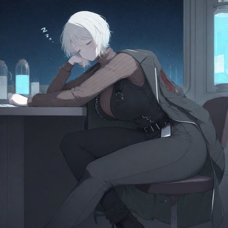masterpiece, very aesthetic, best quality, high detail, 1girl, solo, solo female, feet out of view, ub1mo, FaustSinner, breasts, curvy, indoors, laboratory, dark room, starry sky, head rest, arms on table, head on table, sleeping, eyes closed, zzz, white hair, short hair, blue eyes, brown turtleneck sweater, black vest, black pants, black footwear, black jacket, jacket on shoulders