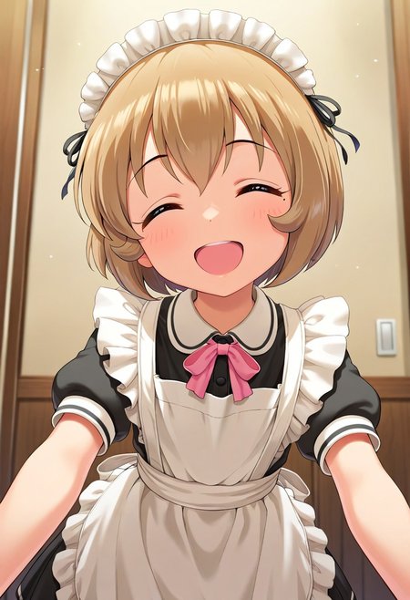masterpiece,best quality,amazing quality,  koga koharu, short hair, brown hair, 1girl, closed eyes, solo, smile, maid headdress, facing viewer, open mouth, apron, short sleeves