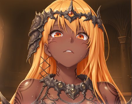 <lora:AgnaGaretta:1>,agna,dark-skinned female,very long hair,orange eyes,blonde hair,tattoo,portrait,bare shoulders,, masterpiece,best quality,amazing quality, very aesthetic, absurdres,detailed eyes,ultra-detailed,