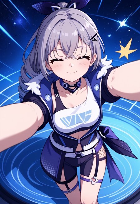score_9, score_8_up, score_7_up, masterpiece, best quality, absurdres, vibrant, highly detailed, super cute and adorable, fluffy, from above, three-quarter front view, 
BREAK 
1girl, solo, silver wolf \(honkai: star rail\), drill hair, grey eyes, grey hair, light blush, long hair, reaching towards viewer, happy, closed eyes, ^^, ^^^, closed mouth, :3,
BREAK 
indoors, space base, outer space,