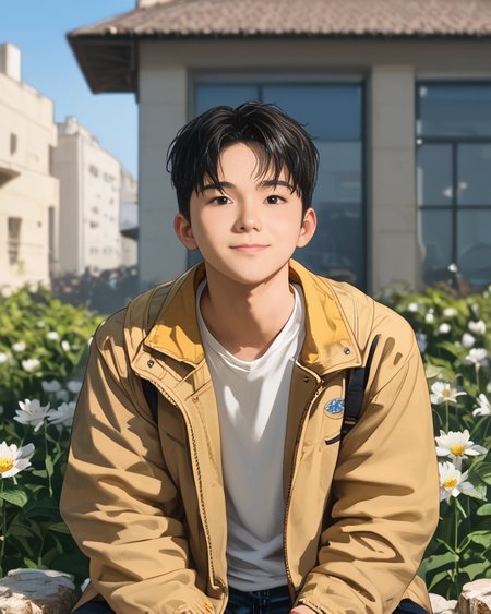 score_9, score_8_up, score_7_up, Korean, <lora:Expressive_H:1>, ((handsome young cute man:1.2, light skin)), ((23yo)),(focus male, solo:1.1), masterpiece, best quality,
The image features a young man sitting on the edge of a rock with a relaxed posture. He is dressed in a casual outfit that consists of white beige trousers and a matching beige jacket. Underneath the jacket, a white t-shirt is visible. The man is holding a small bouquet of flowers, which he seems to be presenting or offering.
 He is slight smiling and looking directly towards the camera, conveying a sense of joy or anticipation. The man has short, dark hair and appears to be in his late teens or early twenties. The background of the image is out of focus but suggests an outdoor setting with architectural features like a building and a structure with a corrugated metal roof.
The style of the image is candid and appears to be a lifestyle or fashion photograph, with shallow depth of field that keeps the person in sharp focus while the background fades into soft colors. The lighting is bright and even, suggesting a sunny day. There are no texts visible in the image.
 <lora:tae_dong-000017:1>, tae_dong